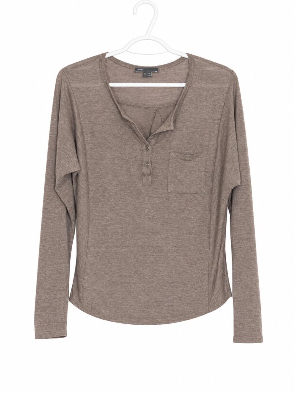 VINCE Minimalist Casual Henley Long Sleeve Tee Pocket Brown Taupe Size S